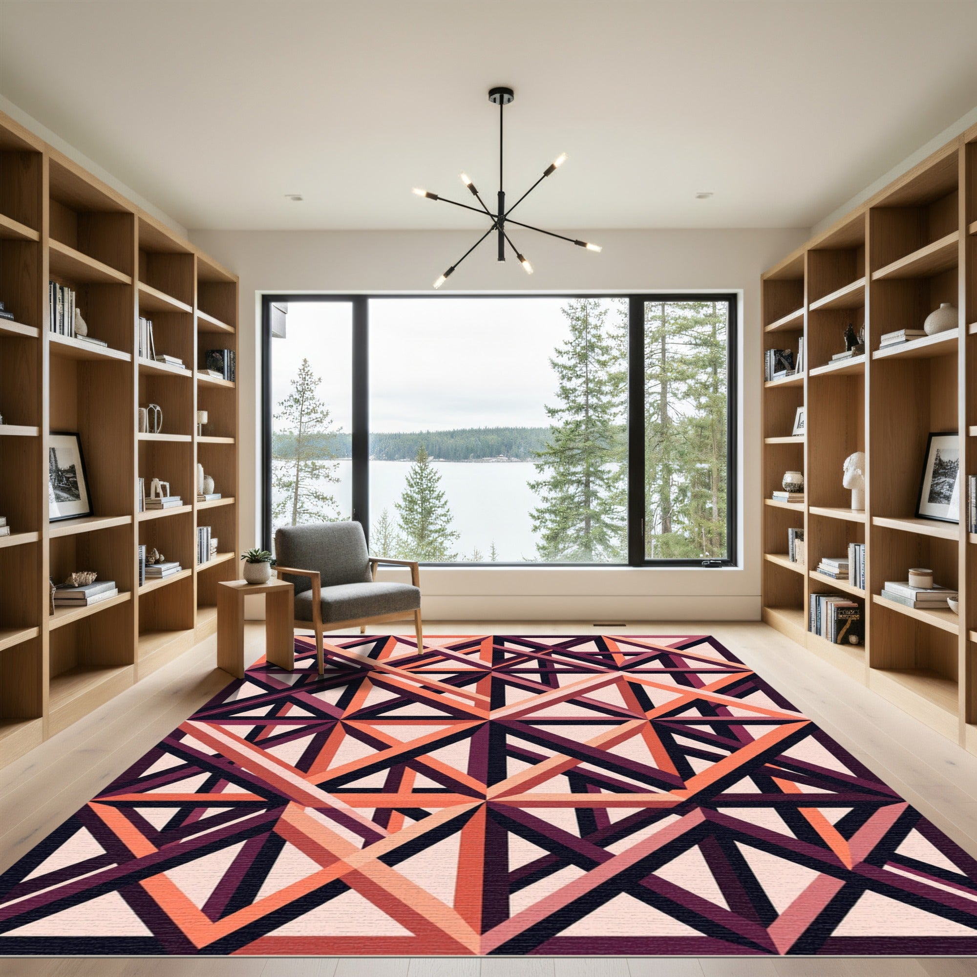 Geometric Coral and Plum Lattice Grid Rug