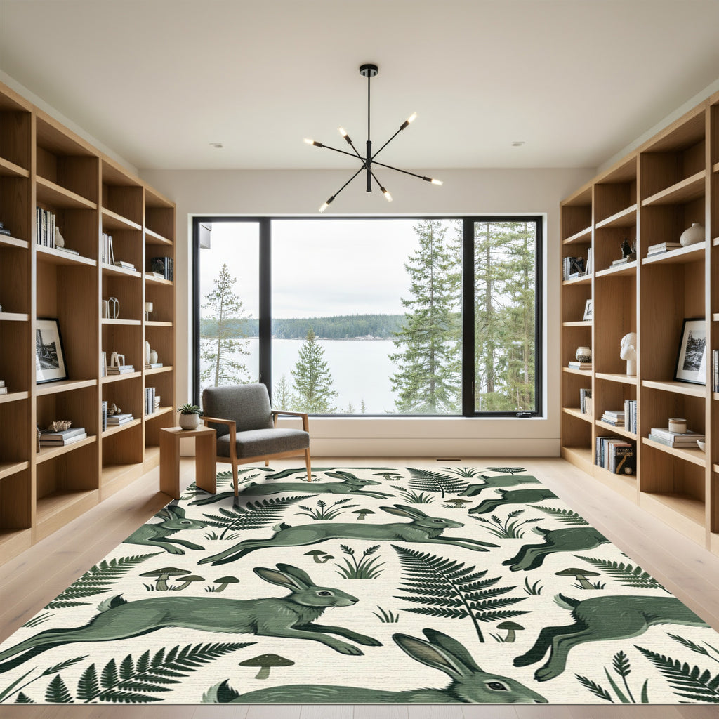 Sage Green Leaping Hare Fern Forest Rug