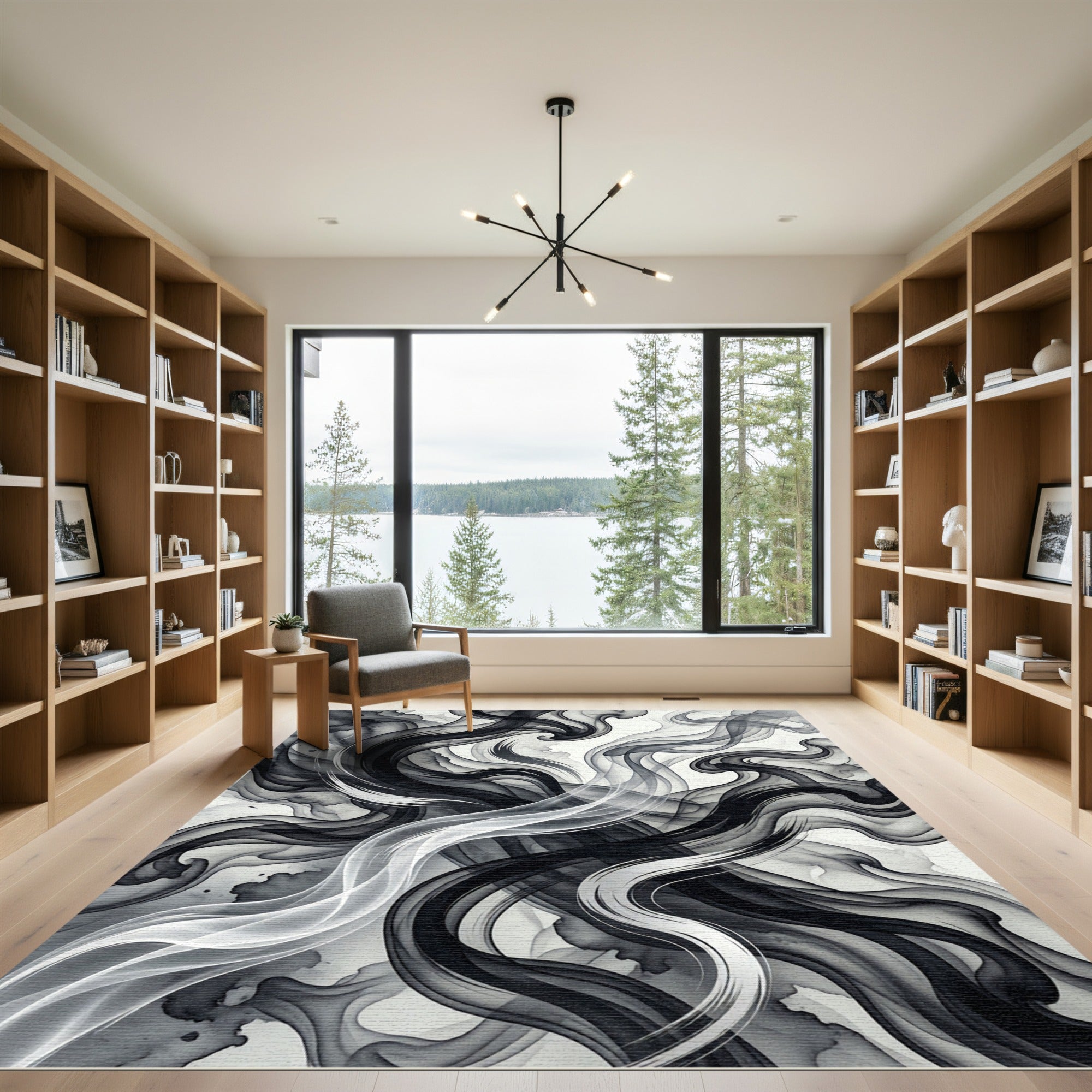 Ink Swirl Black White Abstract Flow Rug
