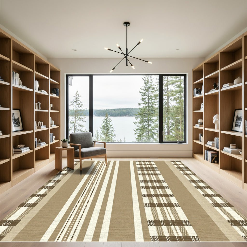 Earthy Tan Plaid Stripe Combination Rug