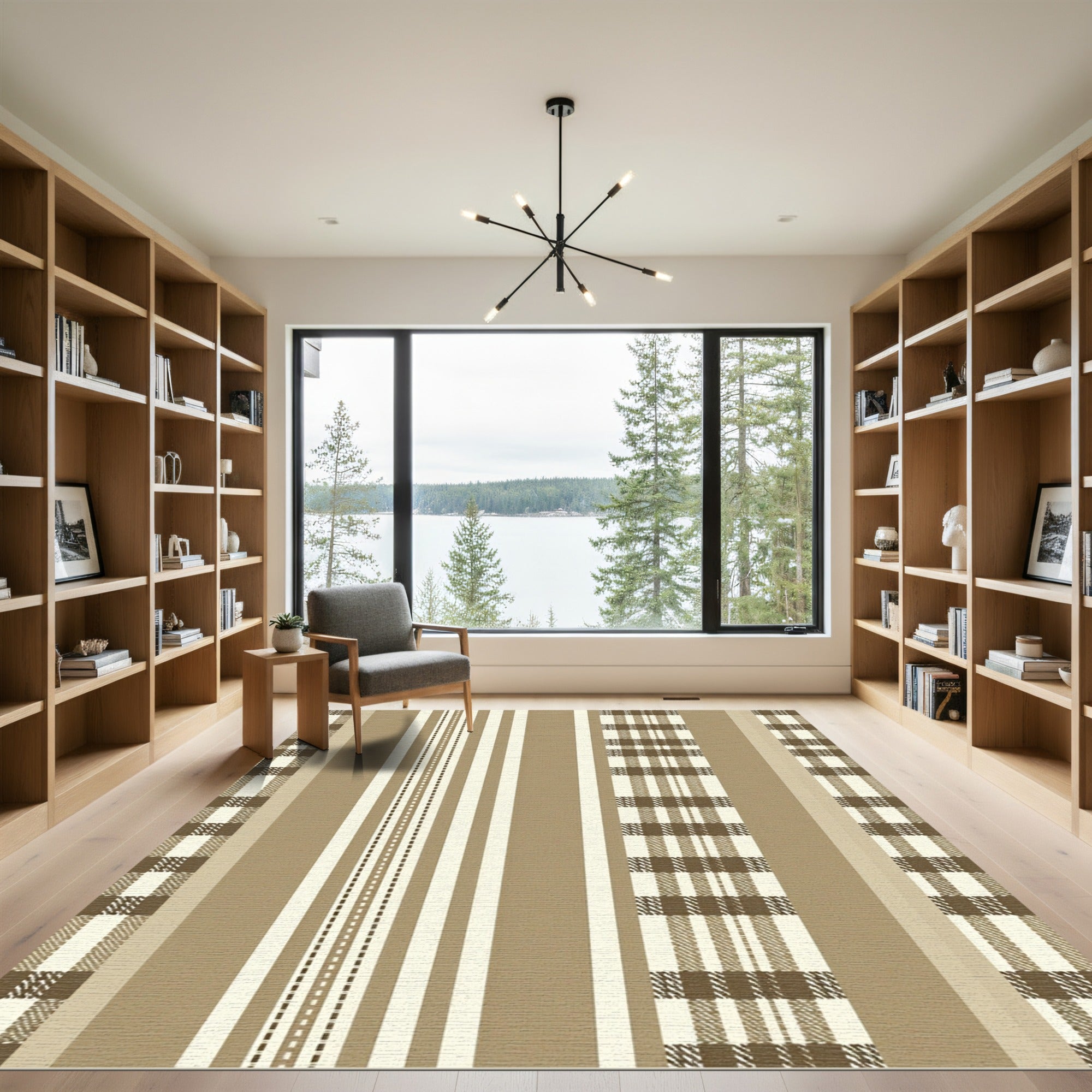 Earthy Tan Plaid Stripe Combination Rug