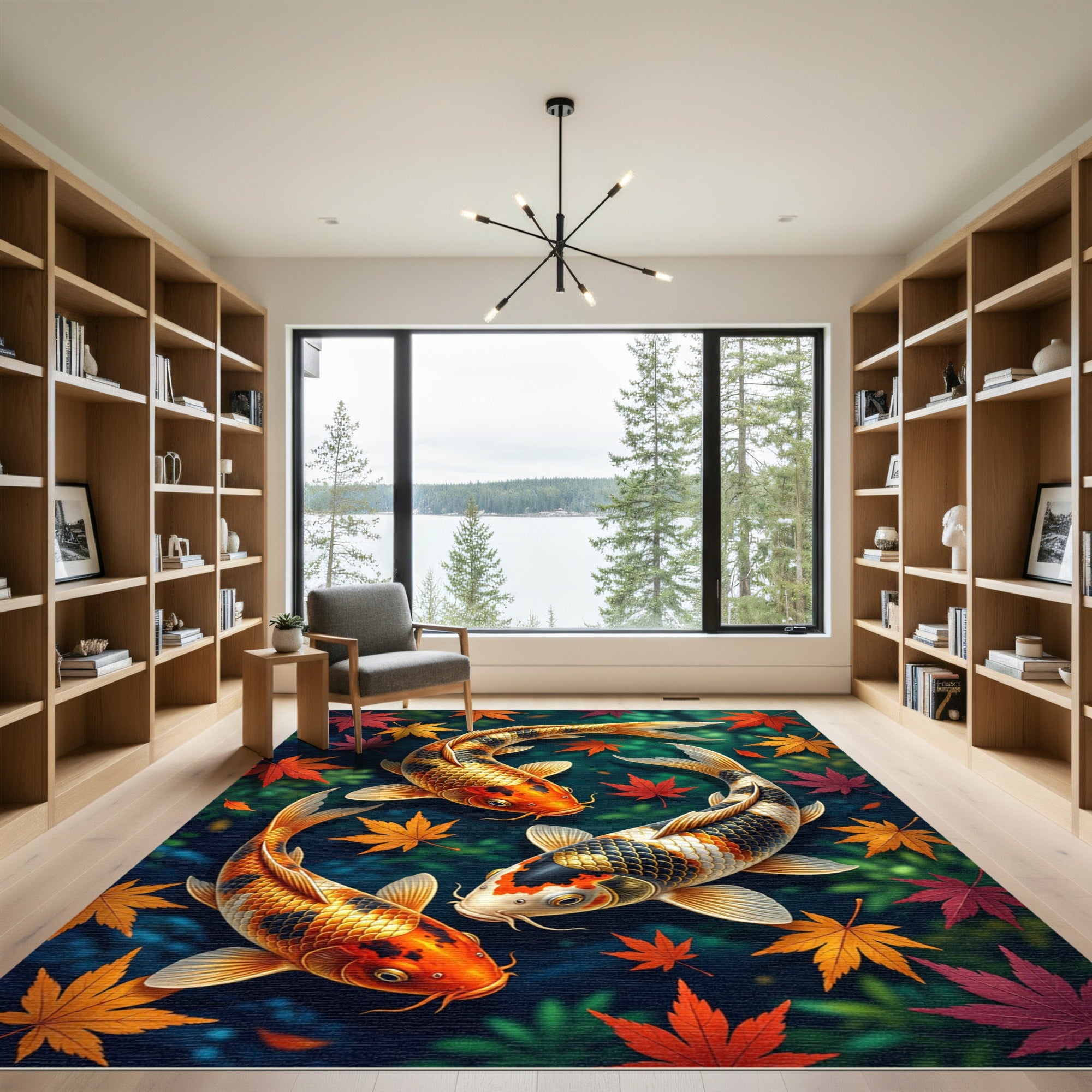 Golden Koi Fish with Autumn Leaves Rug