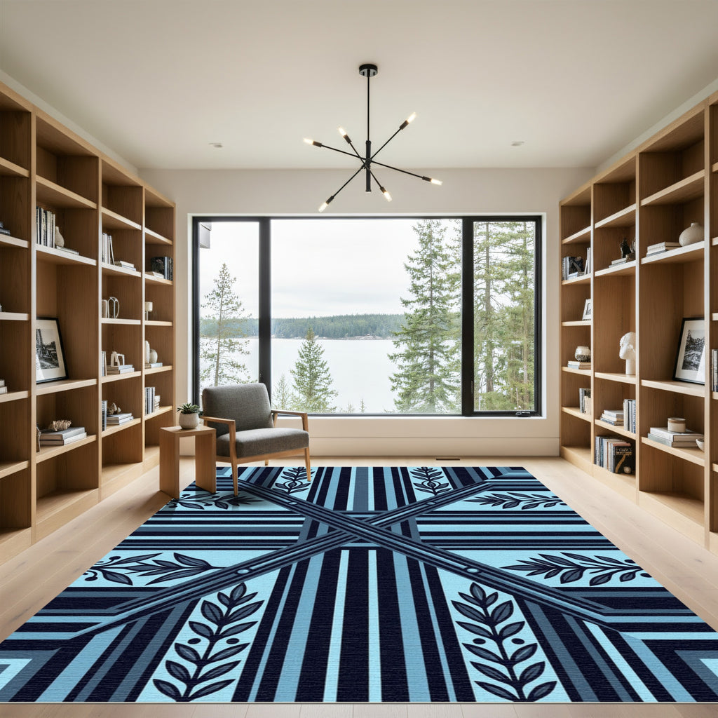 Deep Blue Laurel Botanical Stripe Rug