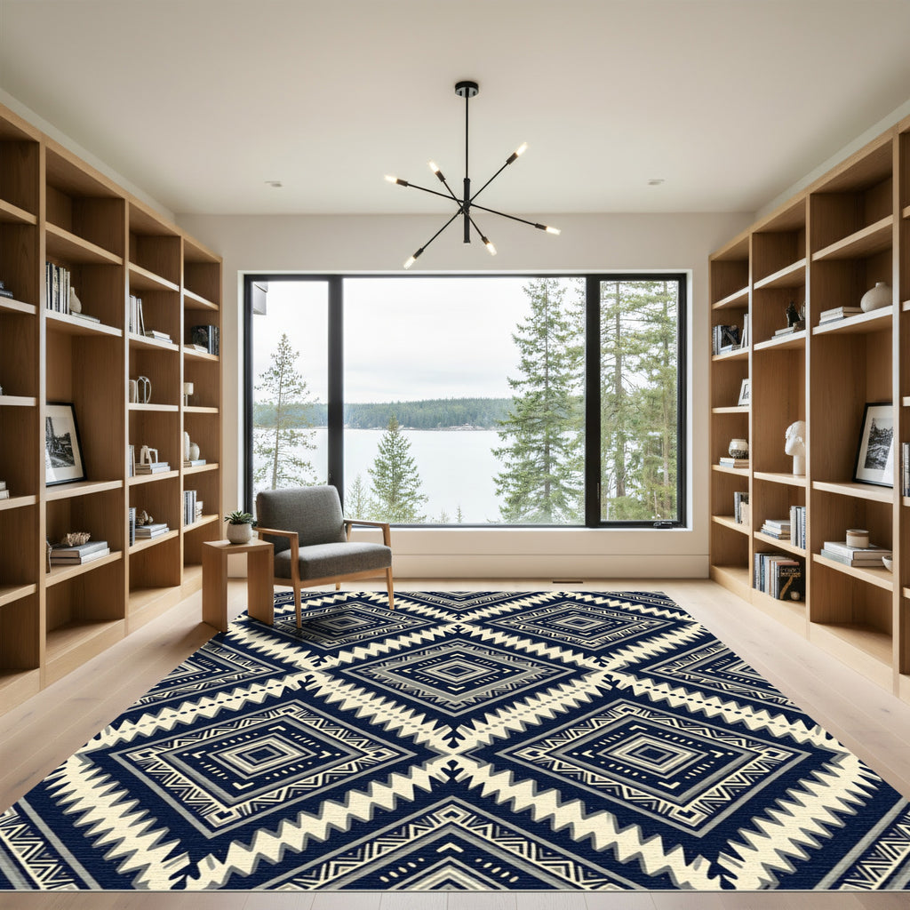 Navy and Cream Geometric Diamond Rug