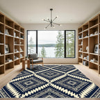 Navy and Cream Geometric Diamond Rug