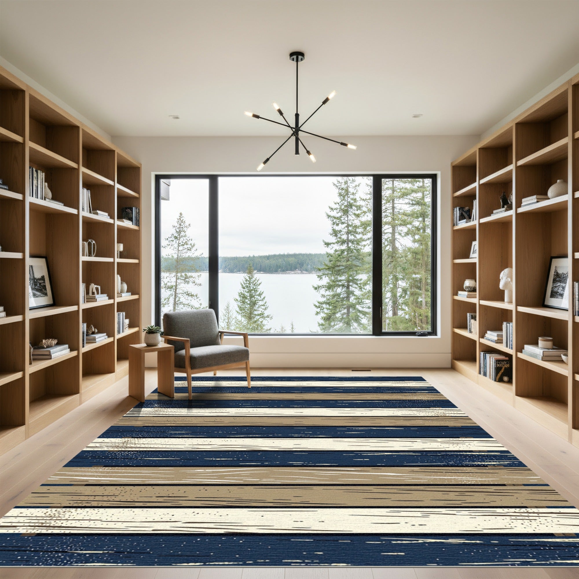 Coastal Navy and Tan Horizontal Plank Rug