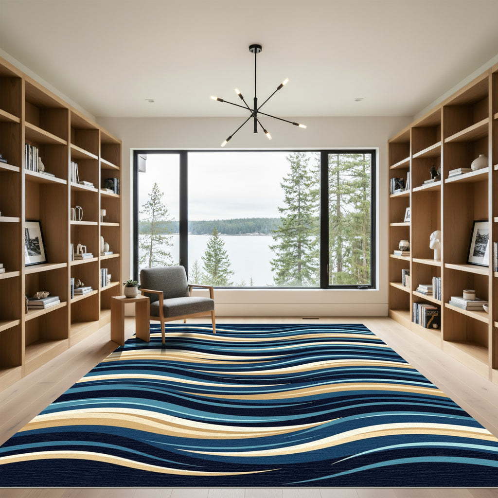 Deep Blue Golden Wave Flow Rug