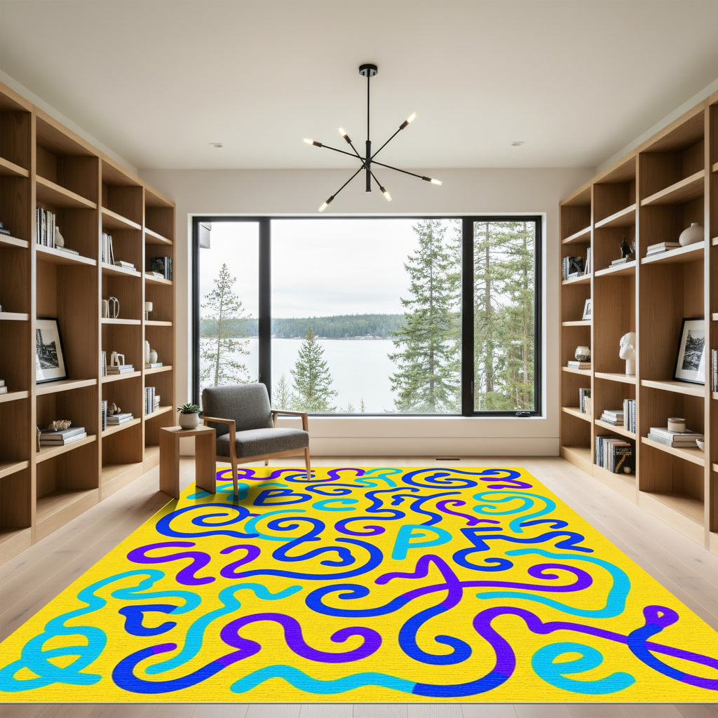 Bright Yellow Playful Alphabet Swirls Rug