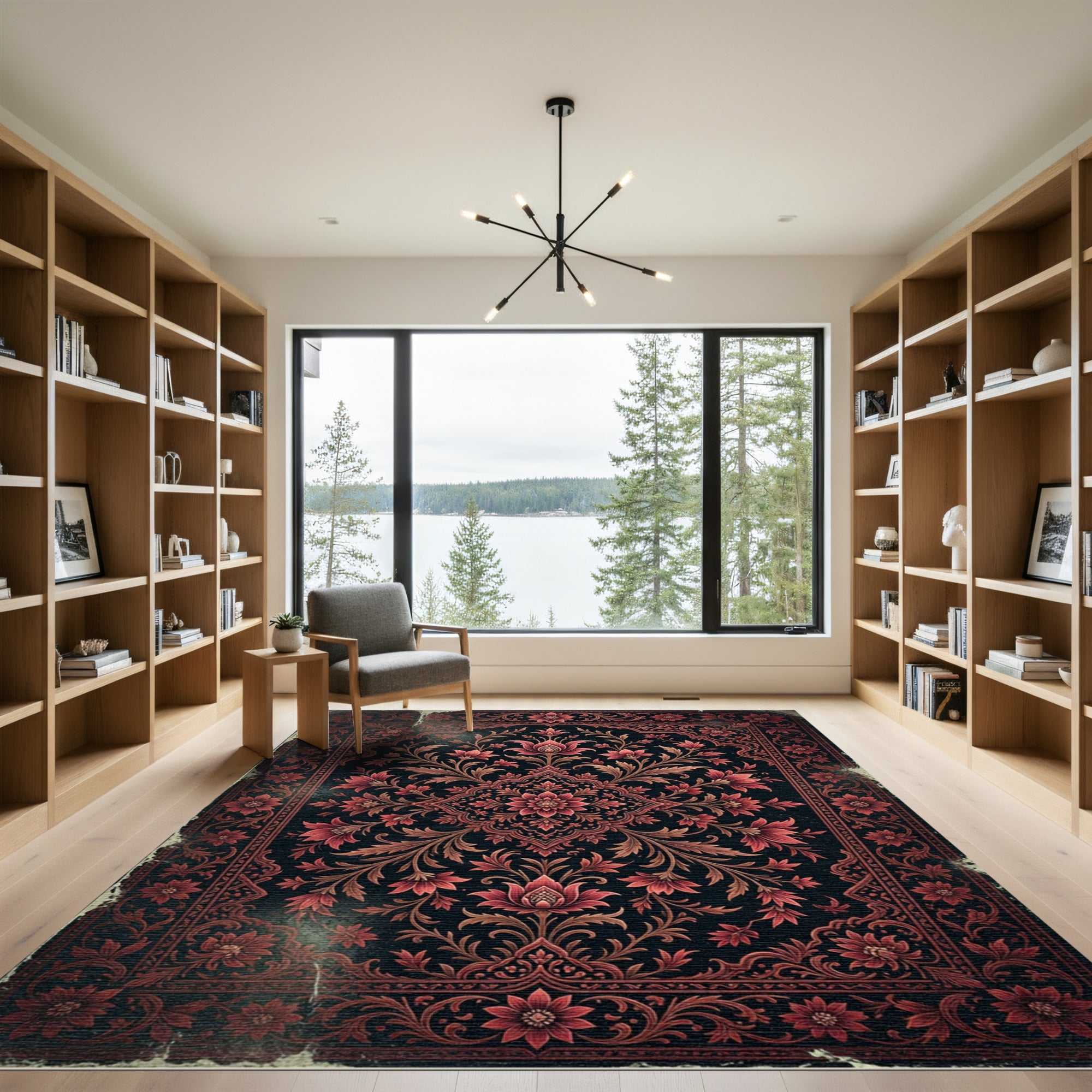 Dark Crimson Floral Medallion Tapestry Rug