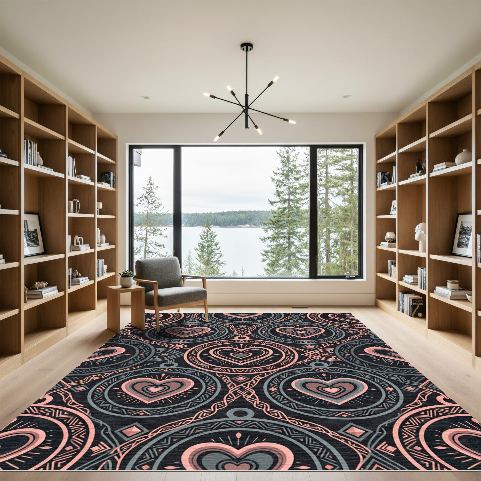 Blush Pink Hearts Geometric Medallion Rug