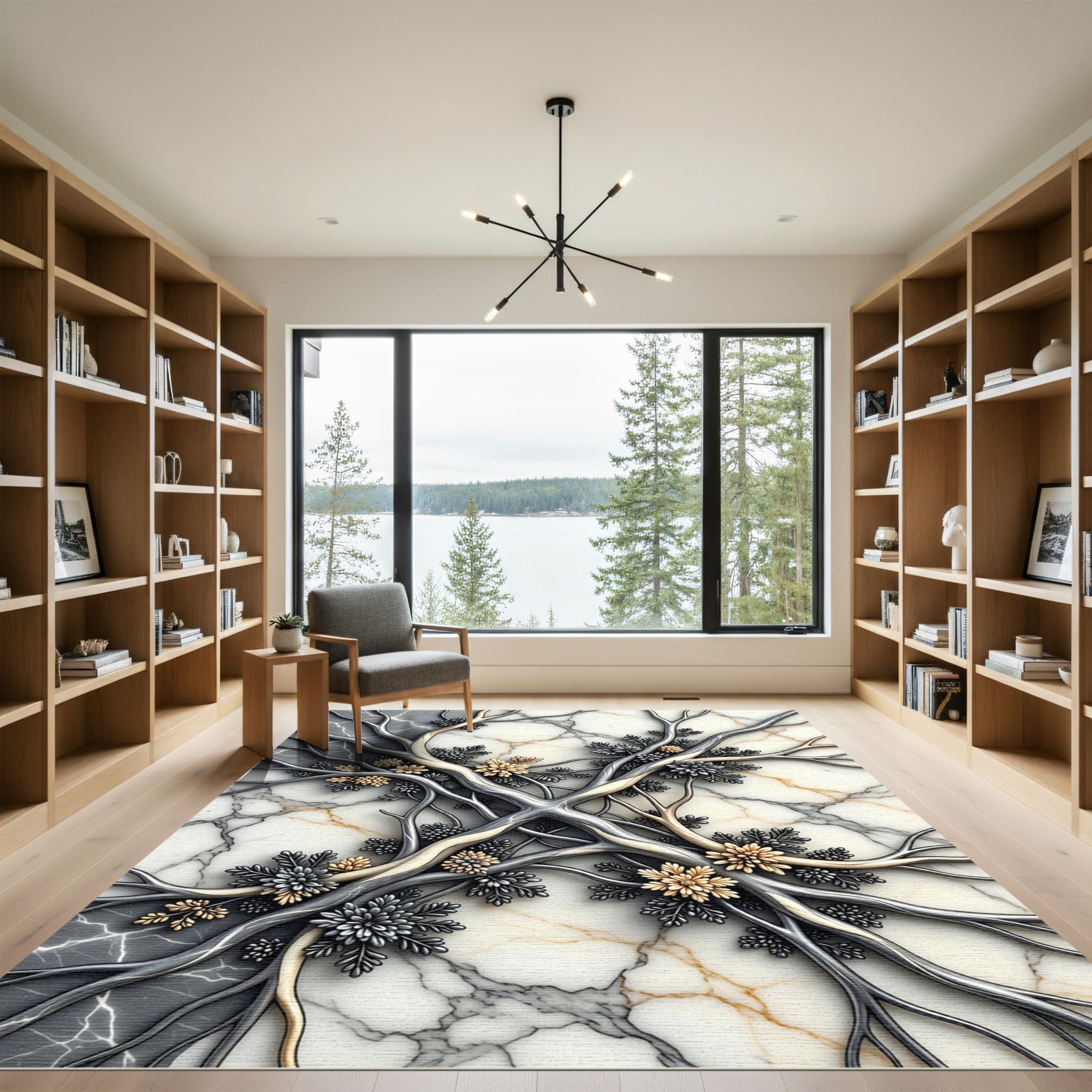 Modern Metallic Filigree Marble Floral Rug