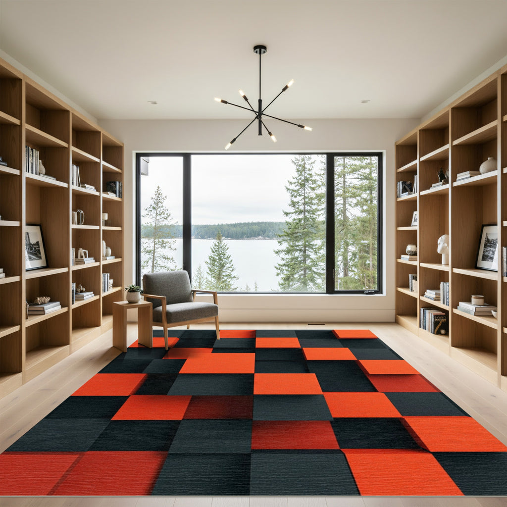 Crimson Black Geometric Cubes Rug