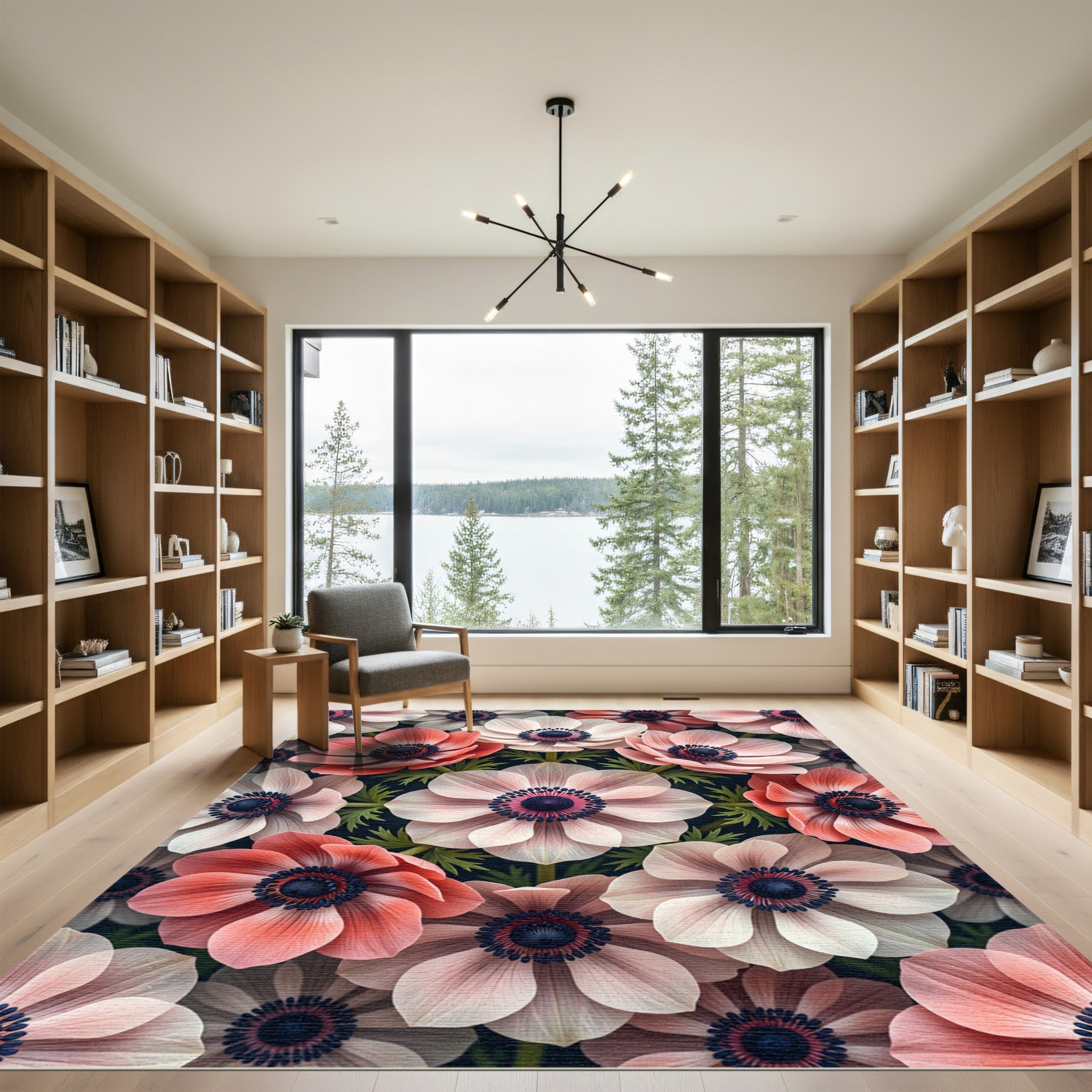 Elegant Pink Anemone Floral Botanical Canvas Rug