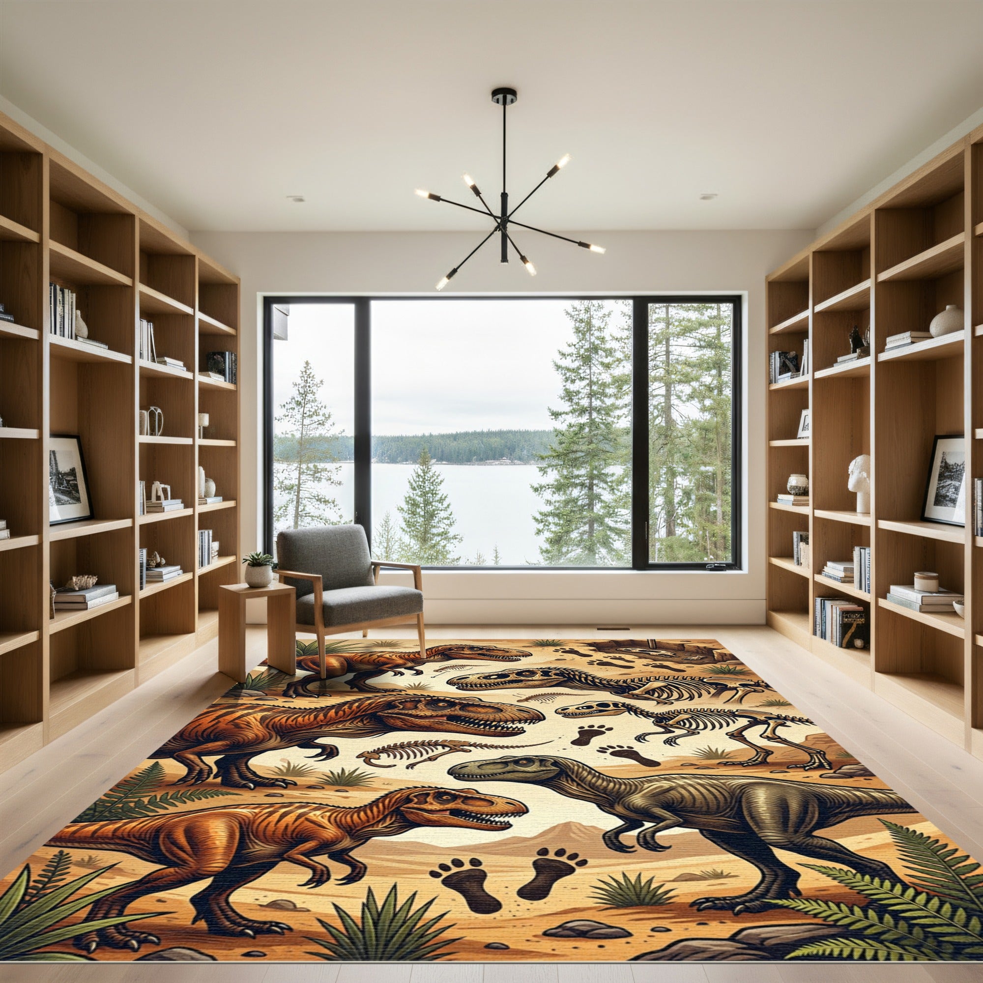 Prehistoric Dinosaur Fossil Earthy Tones Scenery Rug
