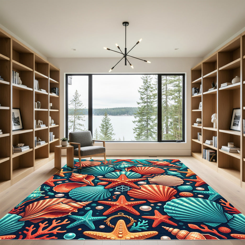 Vibrant Coastal Seashell Starfish Ocean Decor Rug