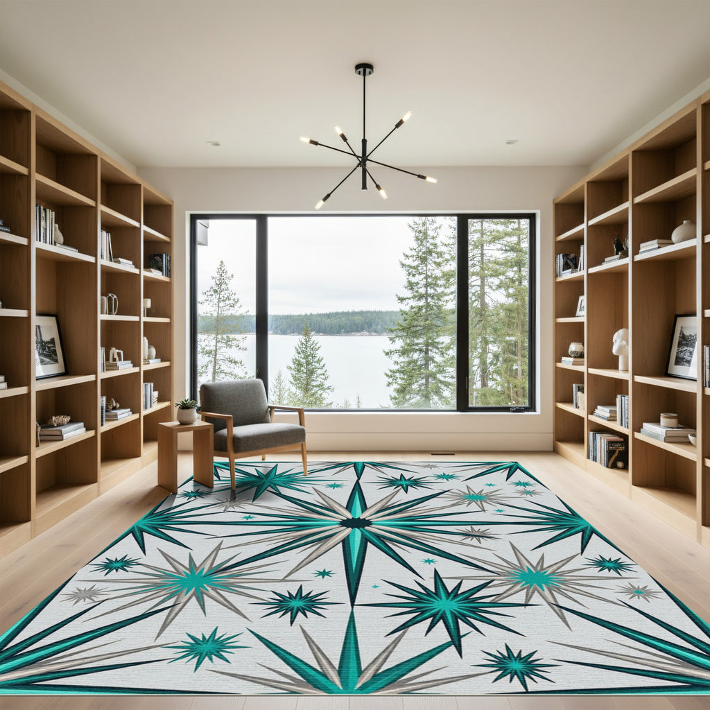 Teal White Starburst Burst Rug