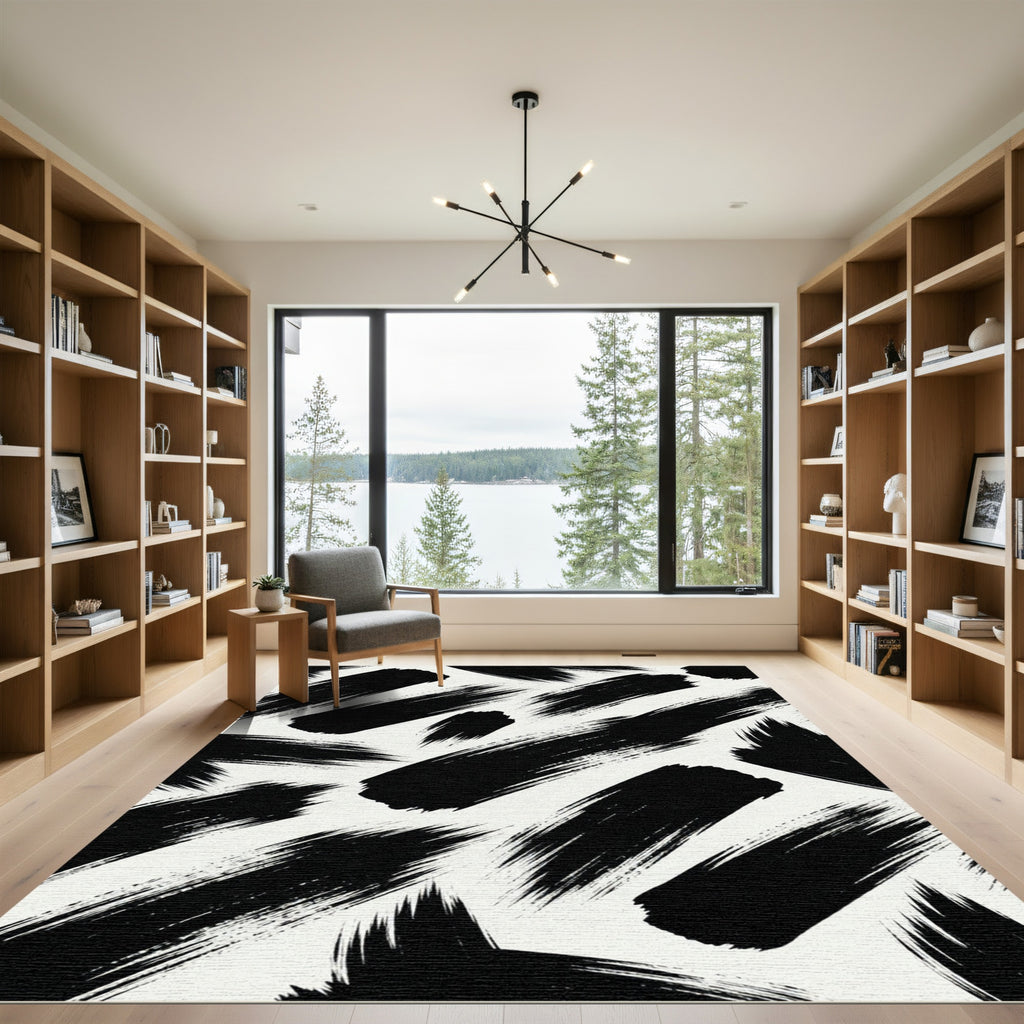 Bold Monochrome Abstract Ink Brush Stroke Rug