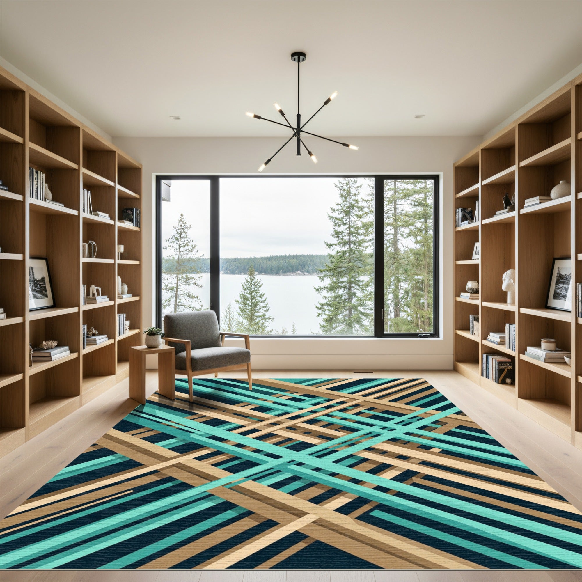 Abstract Teal and Beige Intersecting Lines Rug