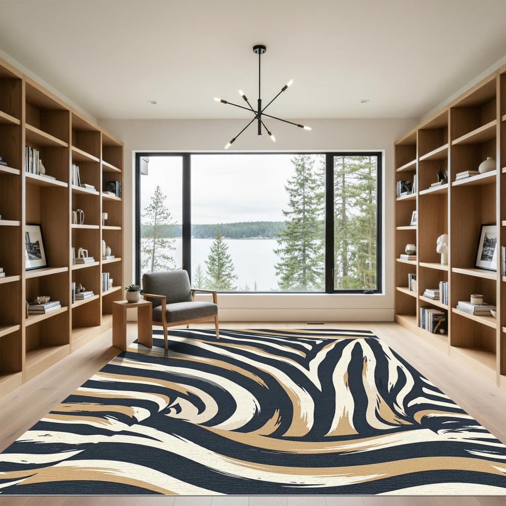 Abstract Charcoal and Beige Zebra Stripe Rug