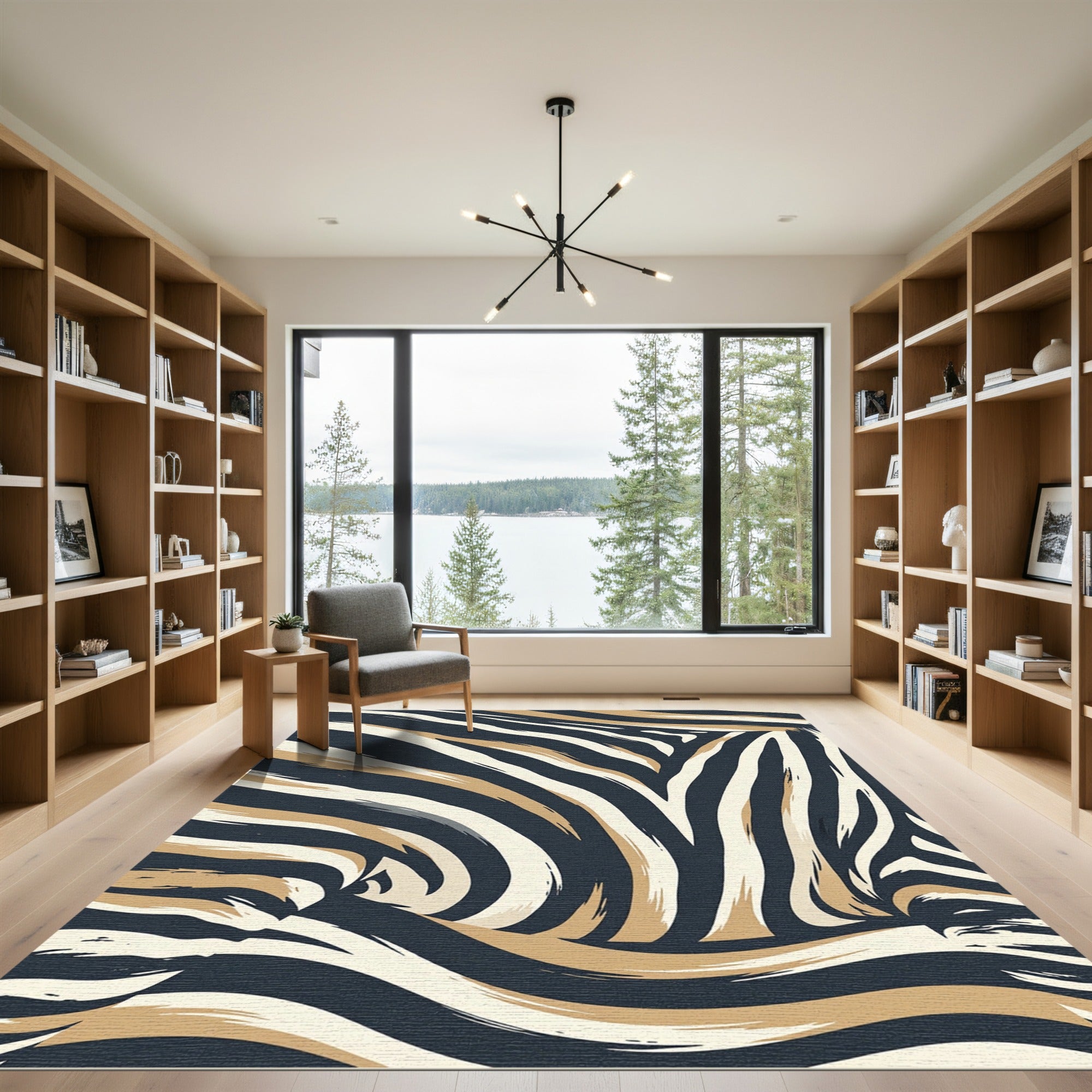 Abstract Charcoal and Beige Zebra Stripe Rug