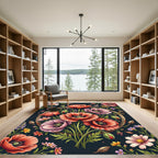 Vibrant Botanical Poppy Meadow Circle Rug