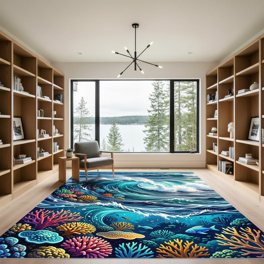Vibrant Aquatic Coral Wave Scene Rug