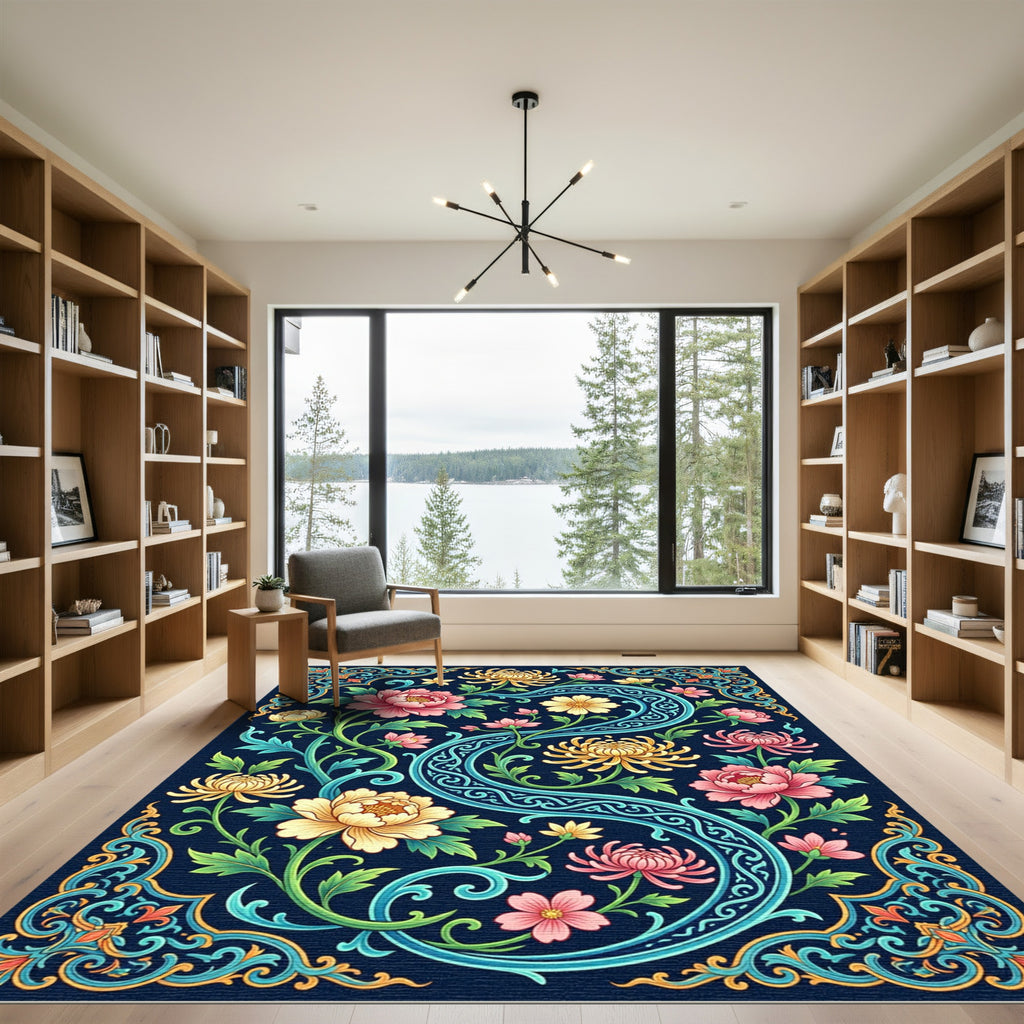 Elegant Navy Floral Chrysanthemum Swirl Rug