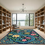 Elegant Navy Floral Chrysanthemum Swirl Rug