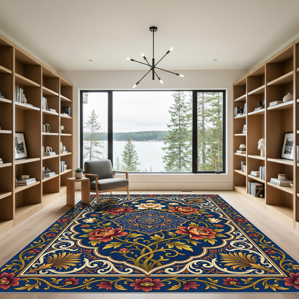 Rich Blue Floral Medallion Garden Rug