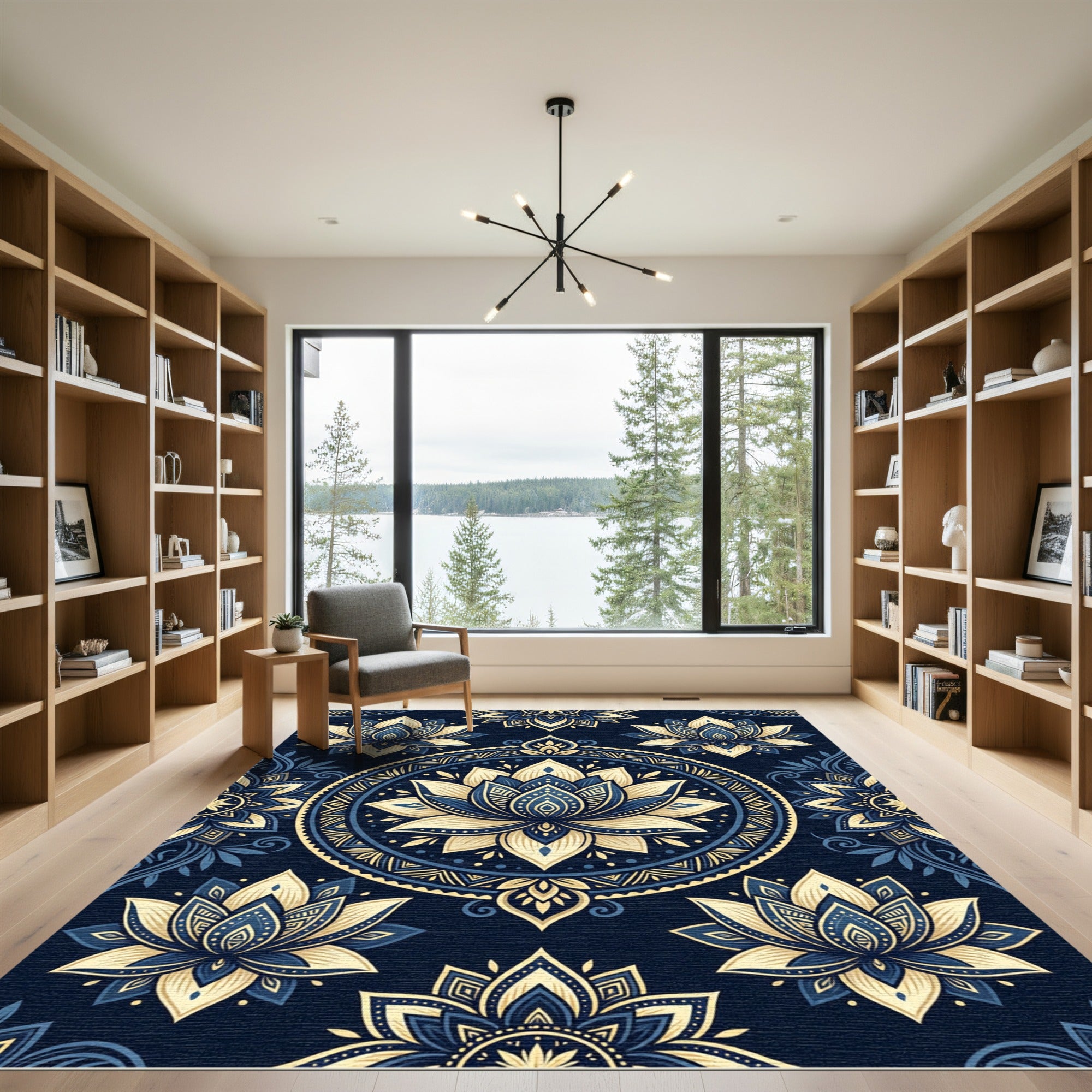 Midnight Blue Golden Lotus Mandala Rug