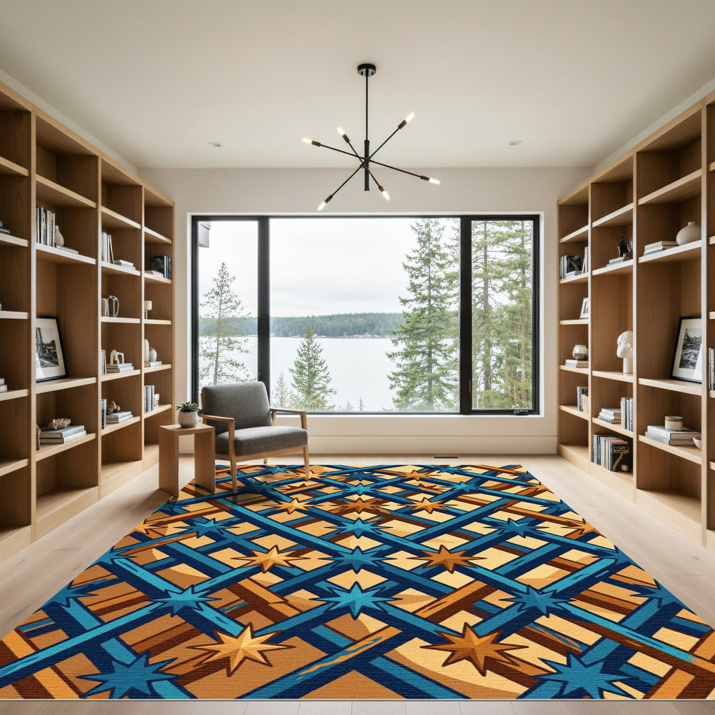 Geometric Blue and Golden Star Lattice Rug