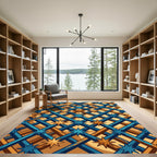 Geometric Blue and Golden Star Lattice Rug