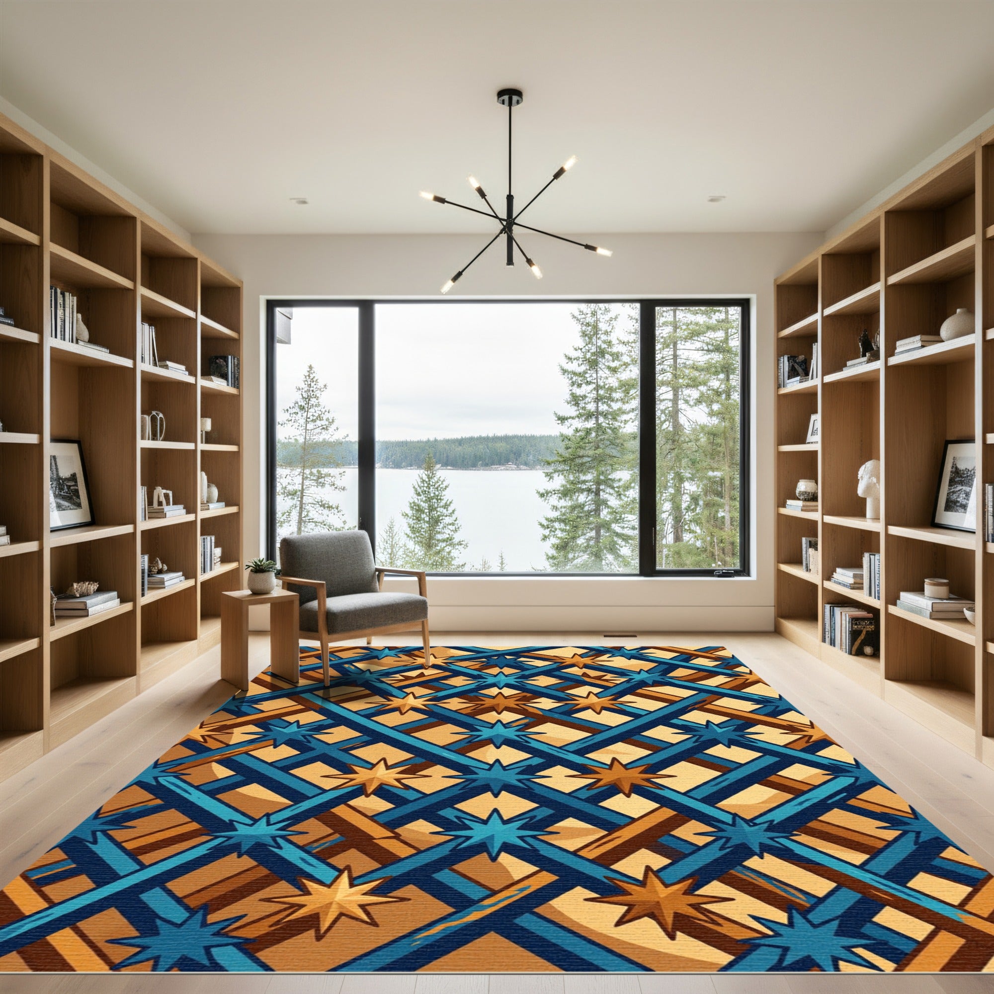 Geometric Blue and Golden Star Lattice Rug