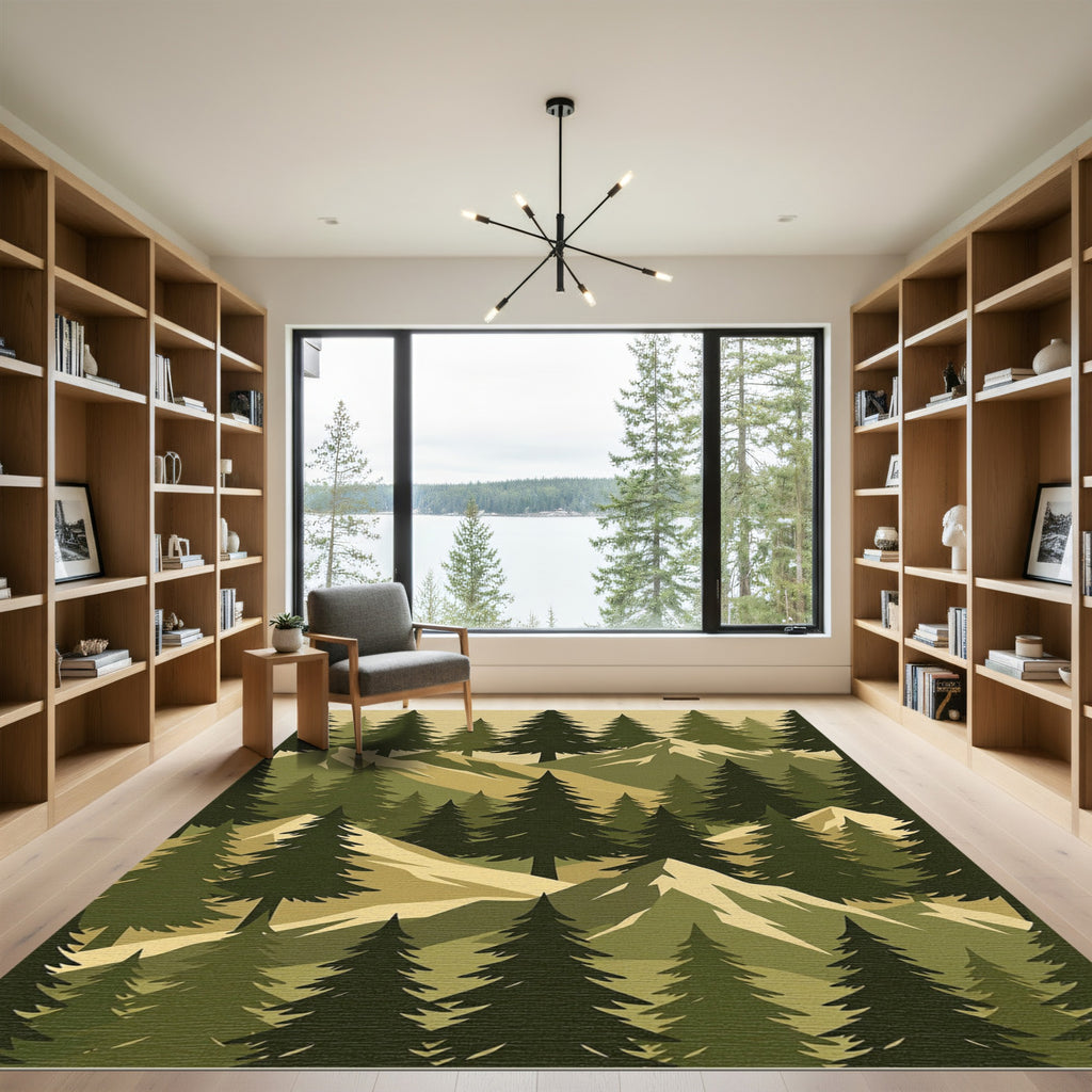 Earthy Pine Forest Mountain Landscape Rug