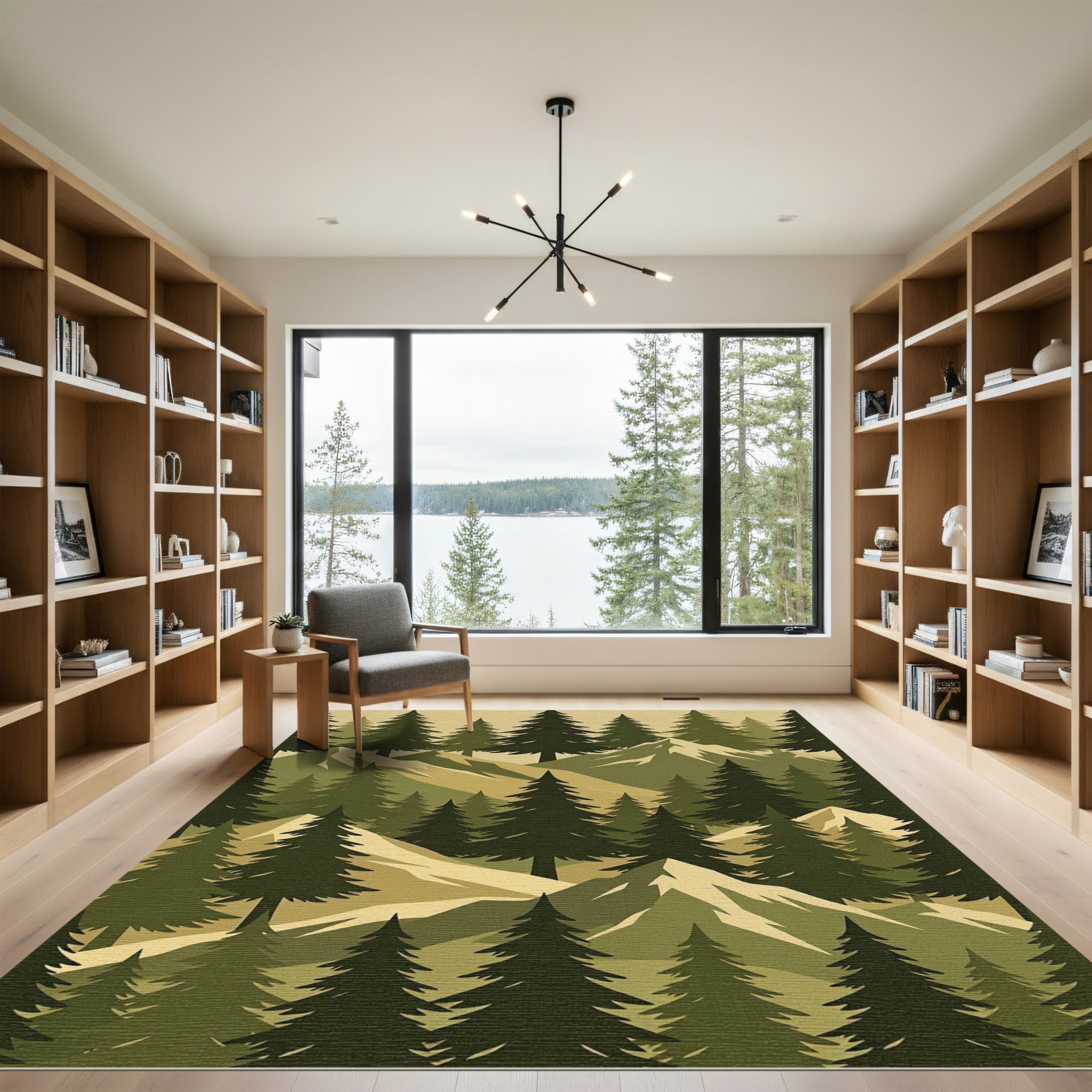 Earthy Pine Forest Mountain Landscape Rug
