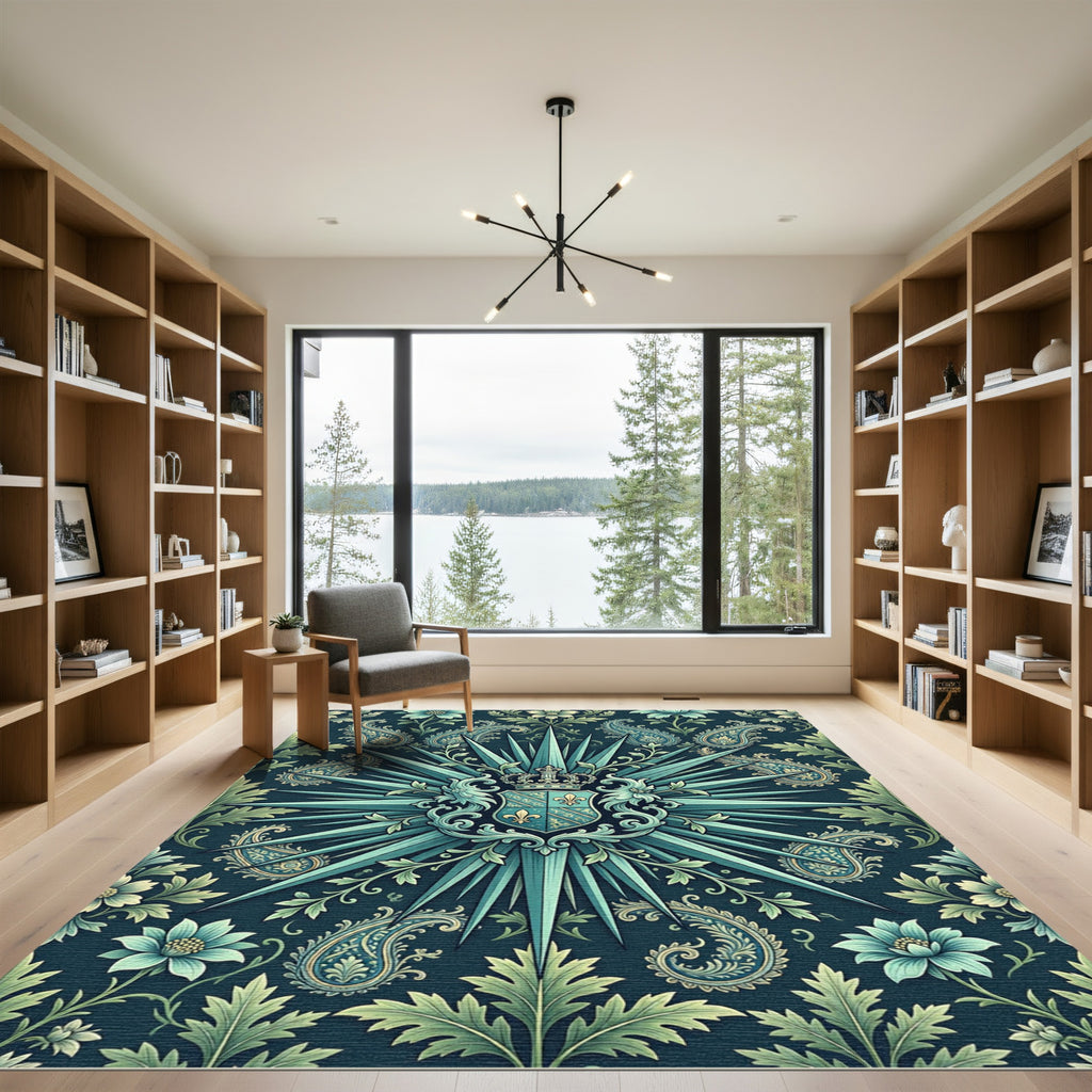 Royal Teal Crest Paisley Floral Rug