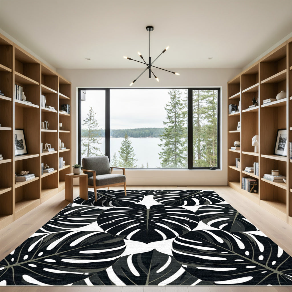 Monstera Leaves Foliage Black and White Rug