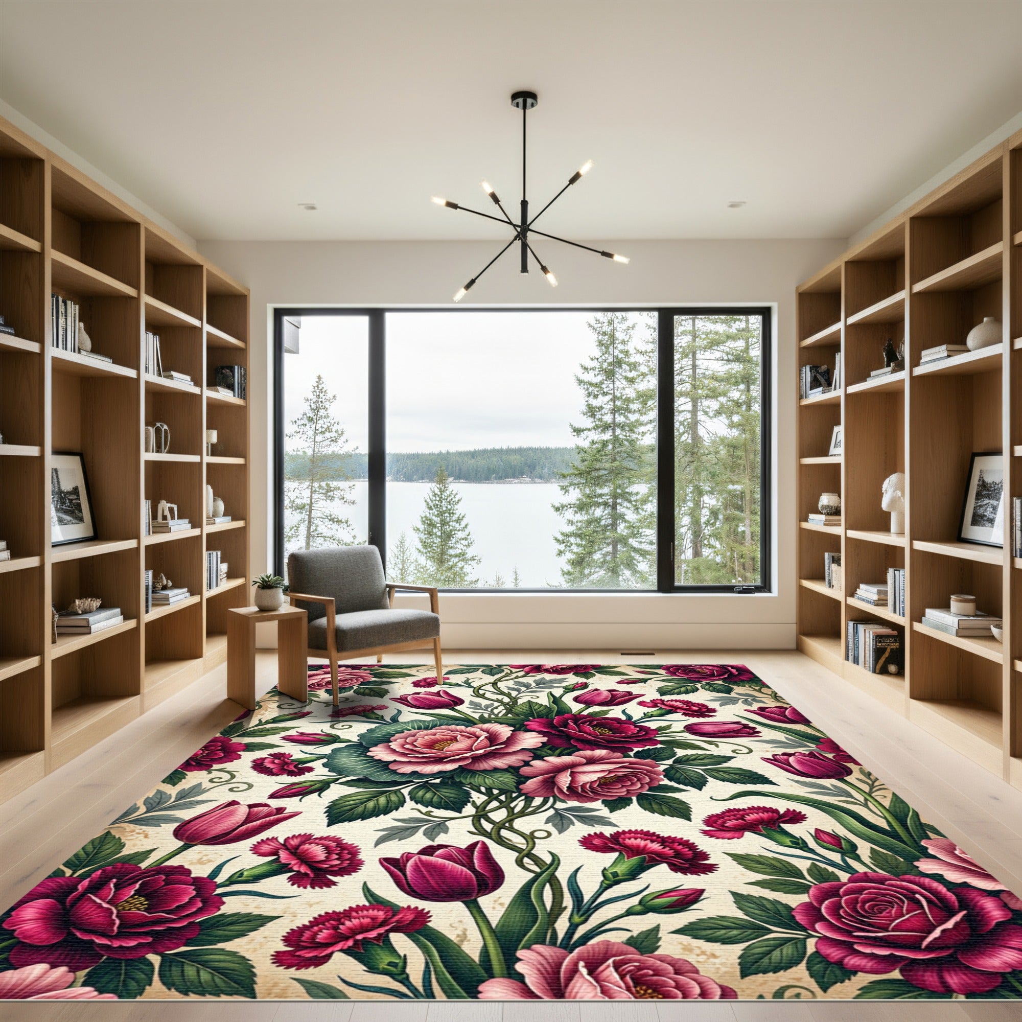 Romantic Crimson Floral Botanical Garland Rug