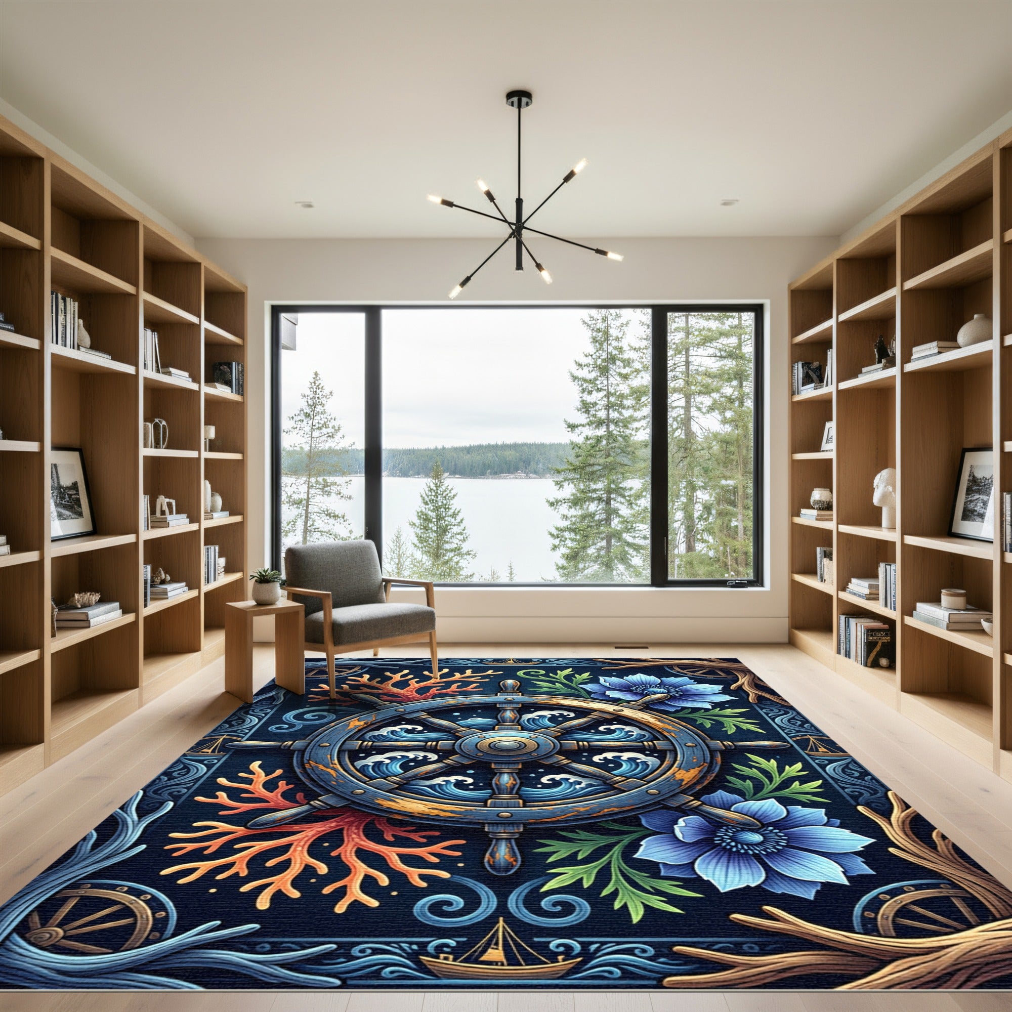 Nautical Ship Wheel Coral Blue Floral Rug