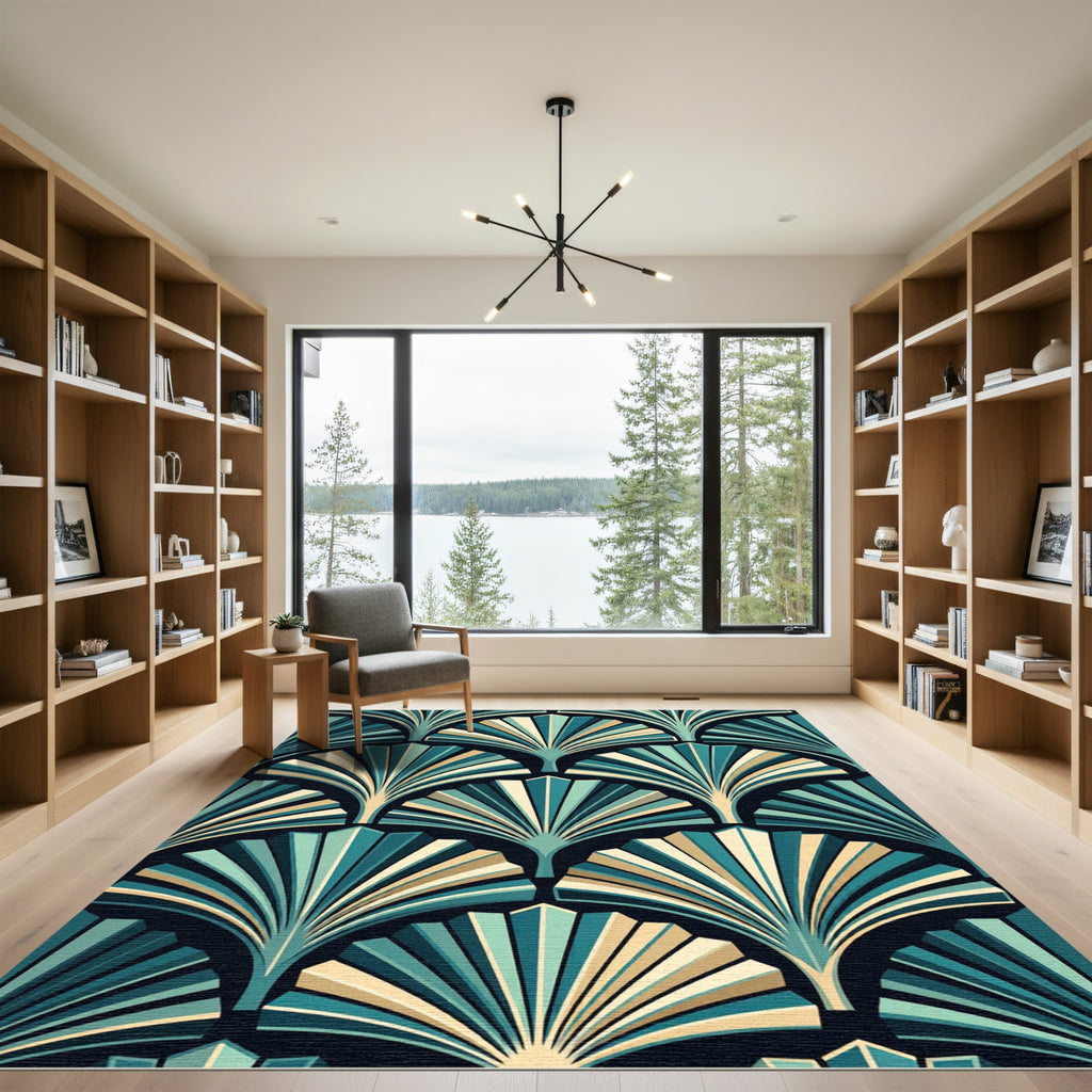 Art Deco Teal Tan Fan Pattern Rug