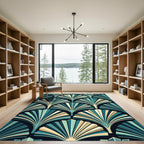 Art Deco Teal Tan Fan Pattern Rug