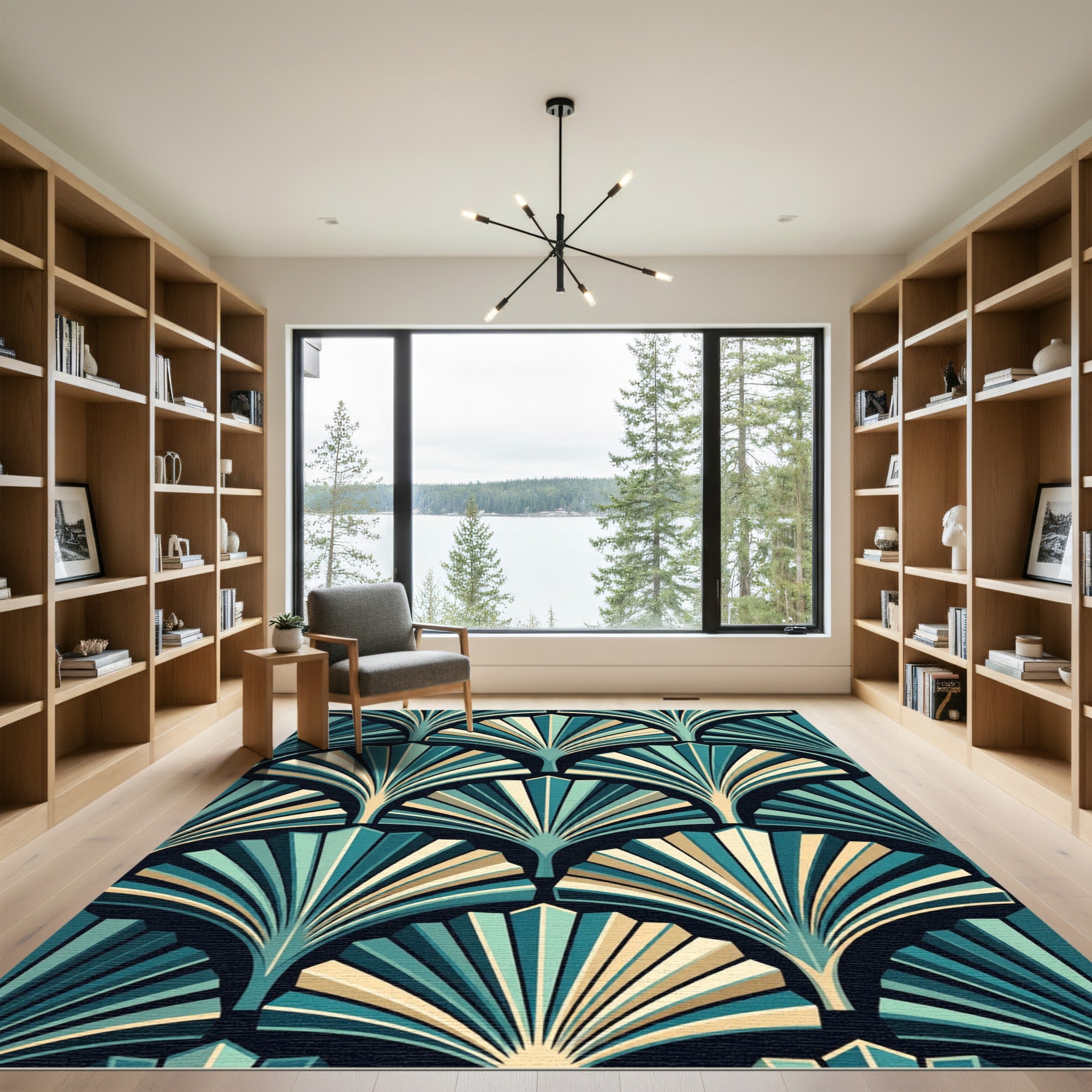 Art Deco Teal Tan Fan Pattern Rug