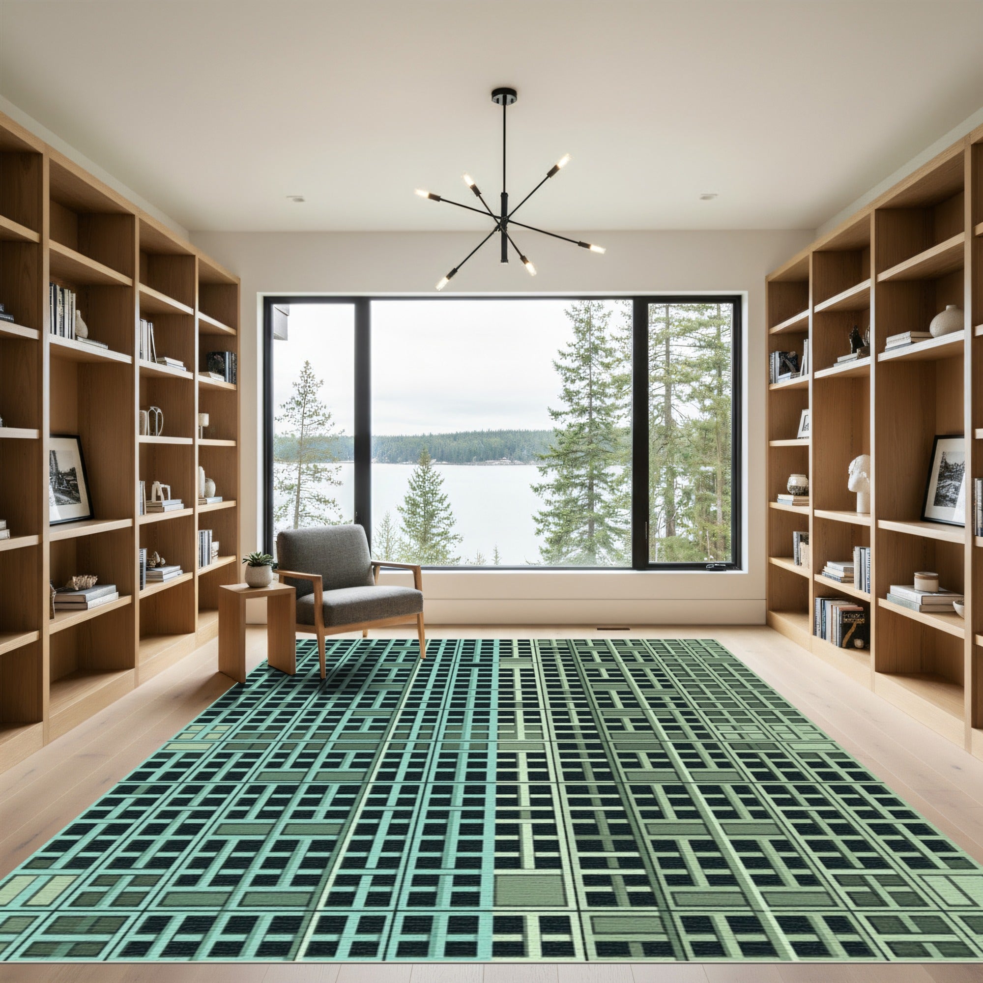 Aqua Geometric Architectural Grid Rug
