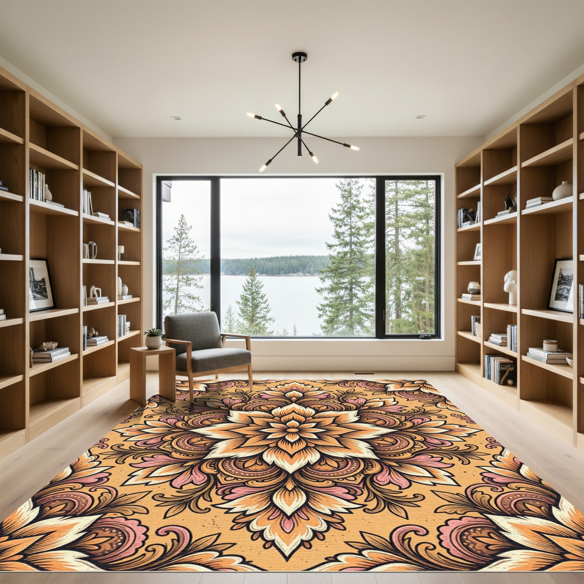 Ornate Golden Amber Floral Symmetry Rug