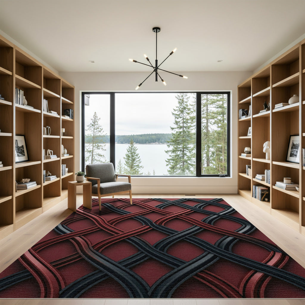 Interwoven Crimson and Charcoal Wave Lattice Rug
