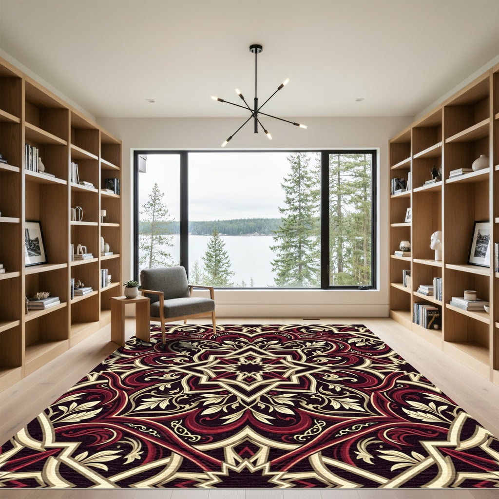 Rich Crimson and Gold Medallion Lattice Rug
