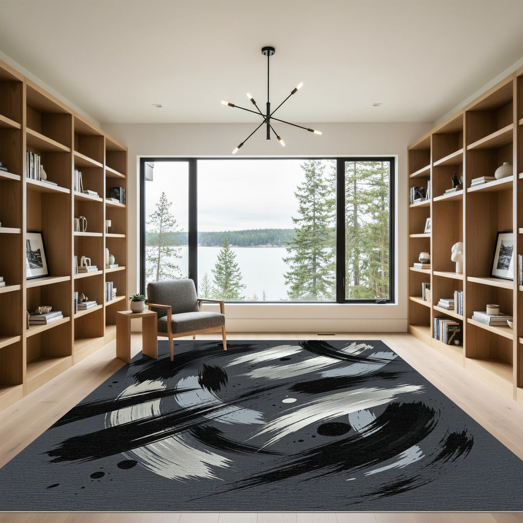 Modern Gray Black Abstract Brushstrokes Rug