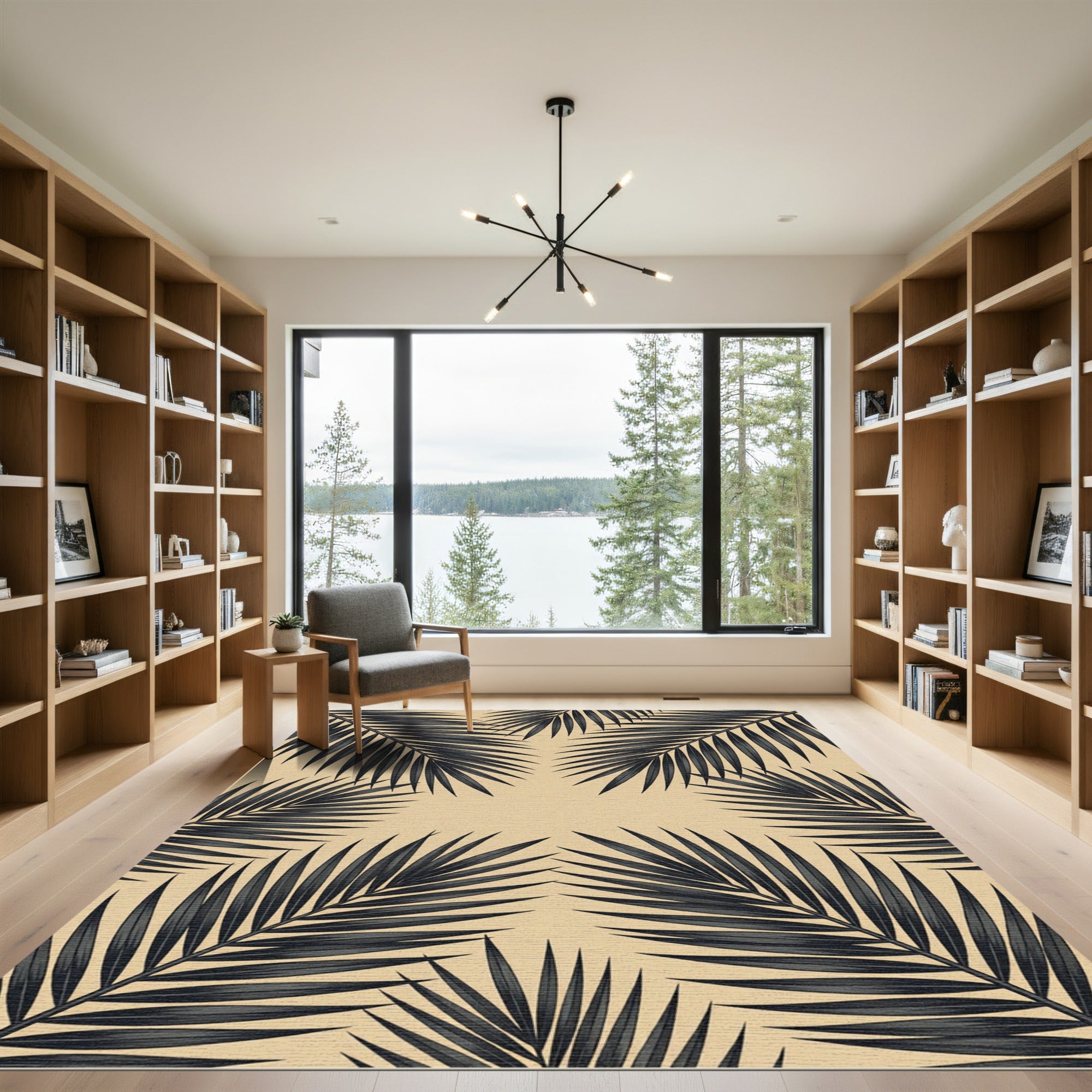 Minimalist Black Palm Leaf Botanical Rug