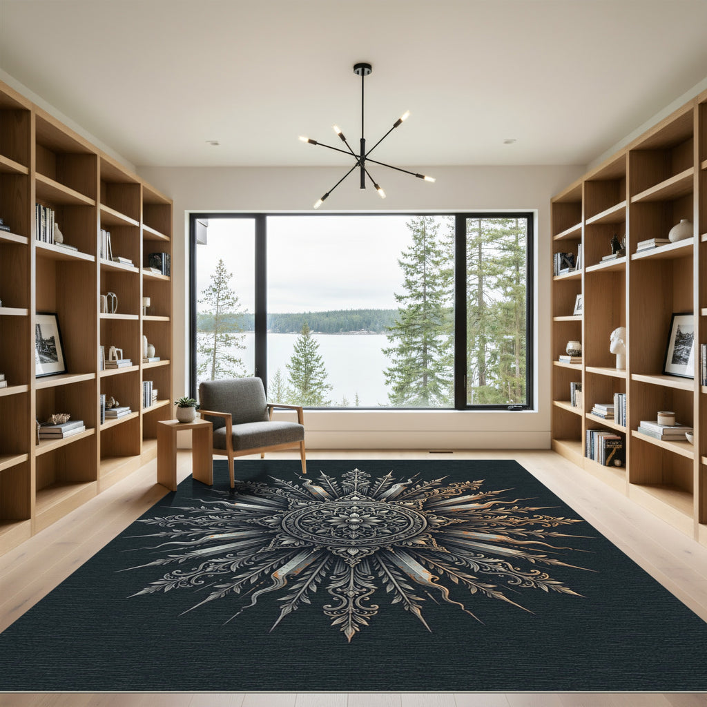 Ornate Silver Metallic Sunburst Medallion Rug