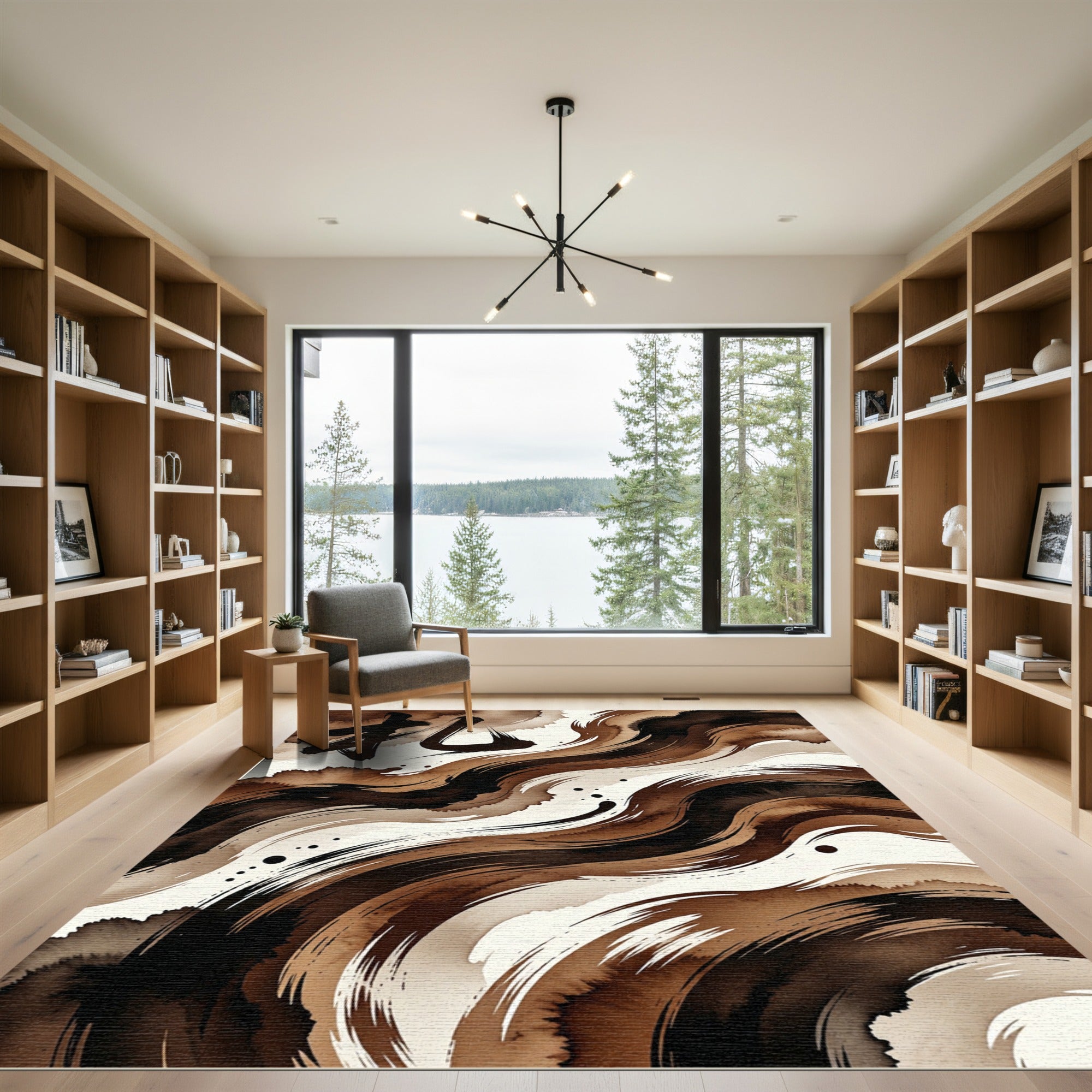 Minimalist Brown Zen Brushwork Swirl Rug
